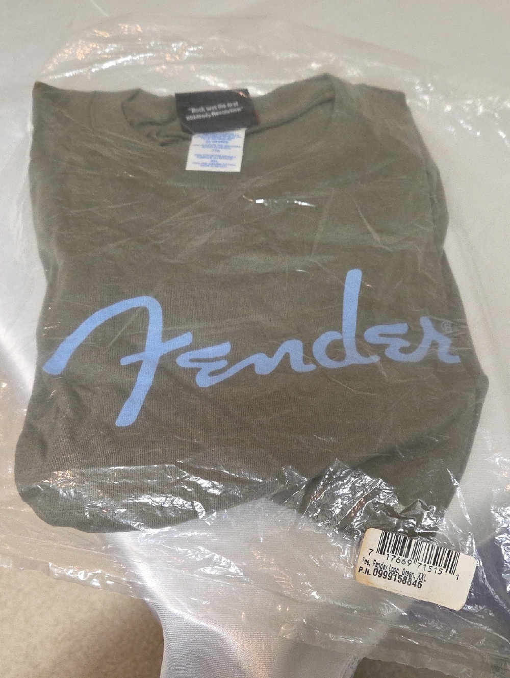 Fender Olive Green Tee with Light Blue Script
